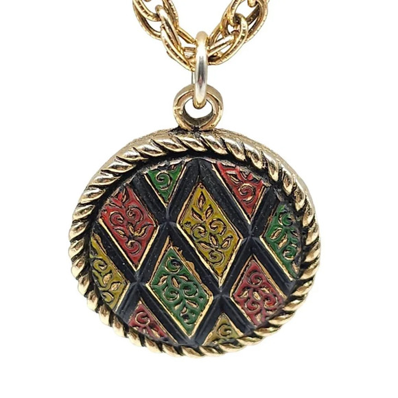 1970s Mosaic Enamel Diamond Pendant Sarah Coventry Necklace - Picture 2 of 5